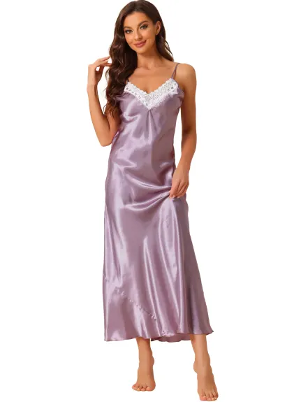 cheibear - Camisole Lace Trim Maxi Nightgown