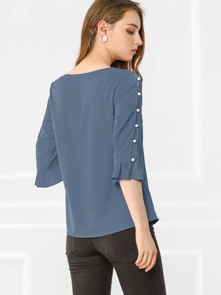 Allegra K- volants demi-manches Keyhole Casual Tops bouton Blouse solide Top