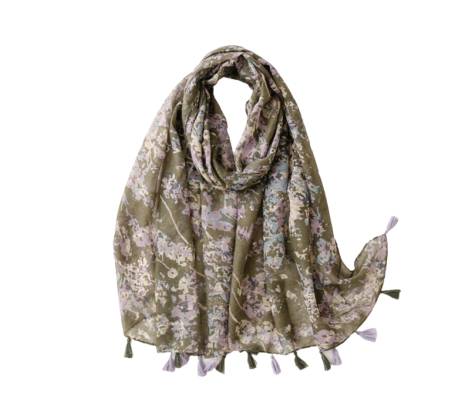 Moss green and lavender flower scarf with tassels - Don't AsK