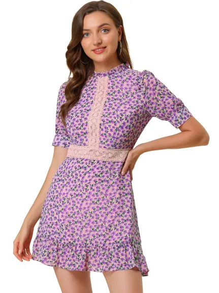 Allegra K- Dots Fit and Flare Ruffle Hem Floral Lace Inset Mini Dress
