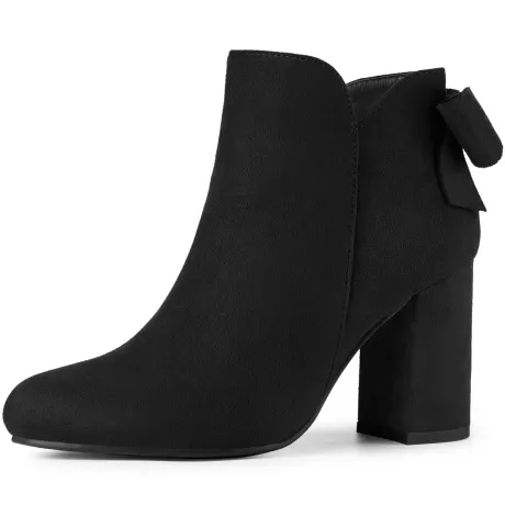 Allegra K - Back Bow Decor Chunky Heel Ankle Boots
