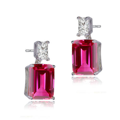 Genevive Sterling Silver White Gold Plated with Colored Cubic Zirconia Rectangle Dangle Earrings