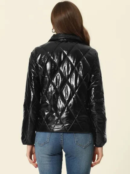 Allegra K- Holographic Zipper Quilt Puffer Jacket