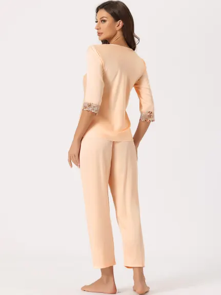 cheibear - Lace Trim Top Long Pants Pajama Set