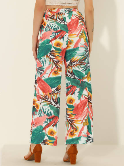 Allegra K- Drawstring Wide Leg Floral Beach Pants