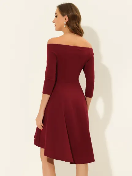 Allegra K- Off Shoulder Elegant High Low Flared Cocktail Dress