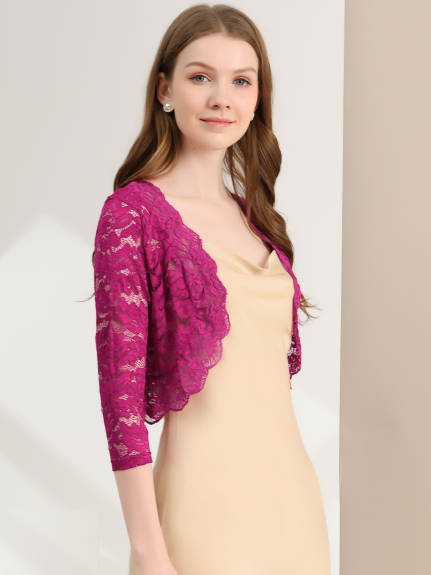 Allegra K- Women's Comfortable Elegant 3/4 Sleeve Sheer Floral Lace Shrug Top