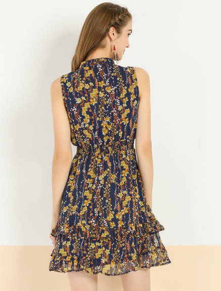 Allegra K- Floral A-Line Tiered Ruffled Chiffon Dress
