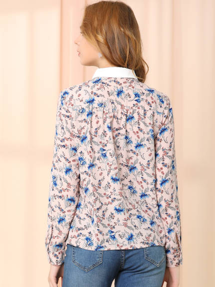 Allegra K- col contrasté haut boutonné chemise manches longues travail Blouse florale