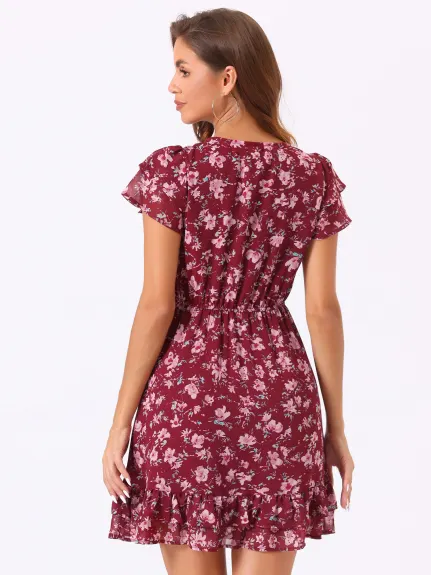 Allegra K- Ruffle Sleeve Self-Tie V Neck A-Line Floral Chiffon Dress