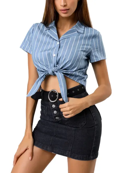 Allegra K- Striped Short Sleeve Tie Front Crop Shirt