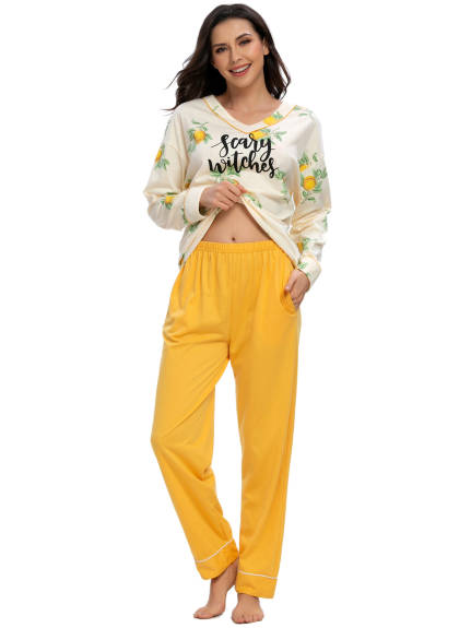 cheibear - Cute Print V-Neck Nightwear with Pants Set