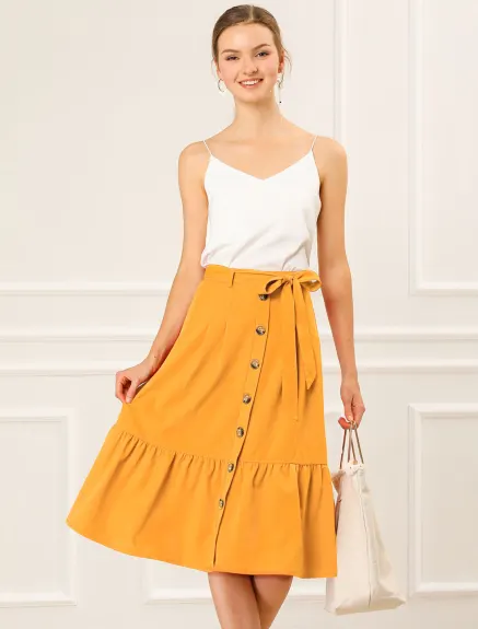 Allegra K- Button Decor Tie Waist Ruffled Midi Skirt
