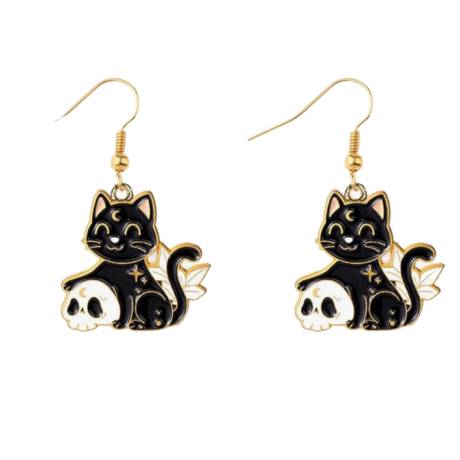Goldtone Celestial Black Cat & Skull Drop Earrings- Don't AsK