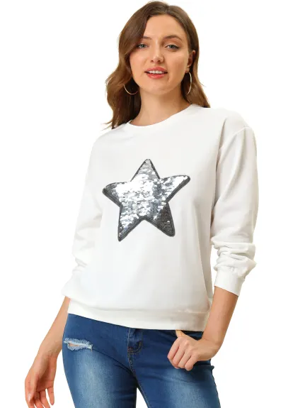 Allegra K- Haut sweat-shirt à manches longues et col rond à sequins étoiles