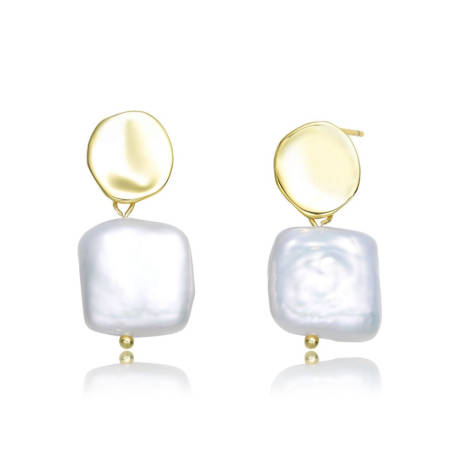 Genevive Very Stylish Sterling Silver with 14k Yellow Gold Plating and Genuine Freshwater Pearl Dangling Earrings