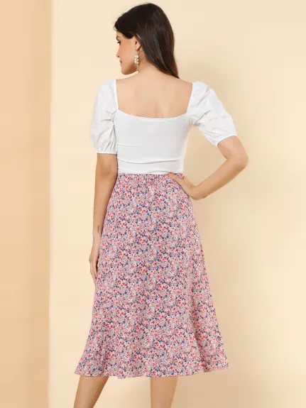 Allegra K- Elegant Elastic Waist A-Line Midi Leave Print Skirt