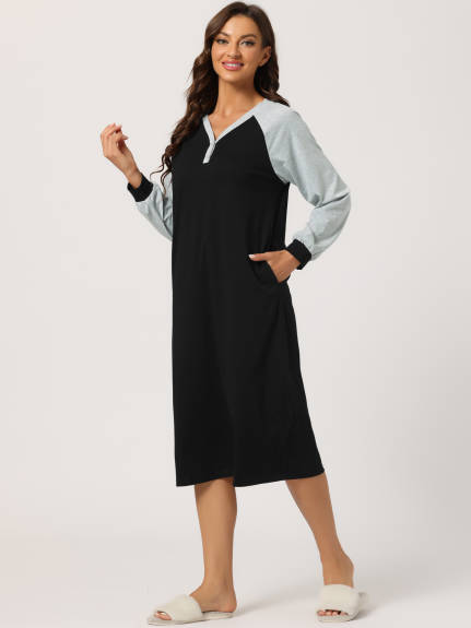 cheibear - Sleepshirt with Pockets Long Sleeves Nightgowns