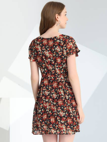 Allegra K- Floral V-Neck Zipper Chiffon Dress