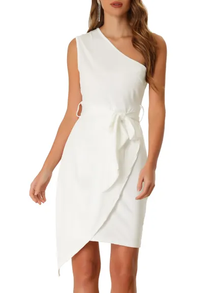 Allegra K- One Shoulder Wrap Hem Self Belted Dress