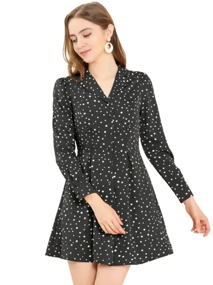 Allegra K- Polka Dots Notched Lapel V-Neck Shirt Dress