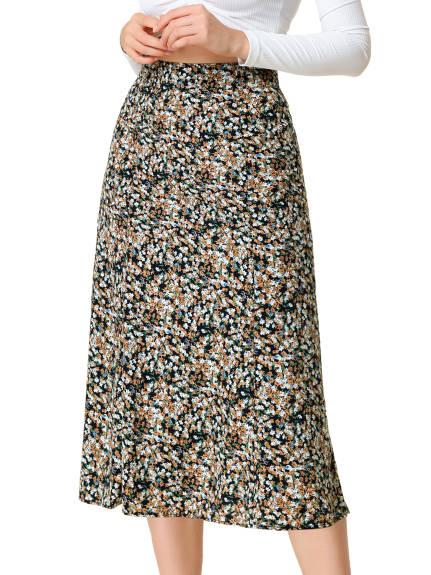 Allegra K- jupe élégante taille élastique A-Line Midi Print Leave pour femme