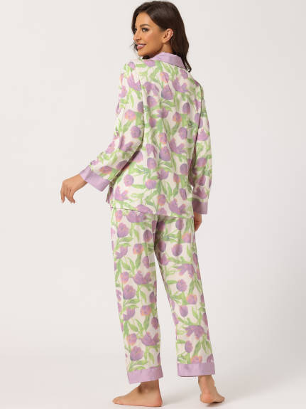 cheibear - Floral Button Down Silk Sleepwear 2pcs Sets