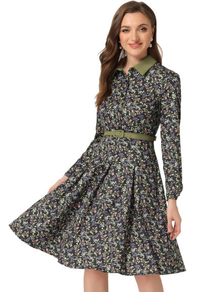 Allegra K- Floral Contrast Collar Belted Long Sleeve Retro Dress
