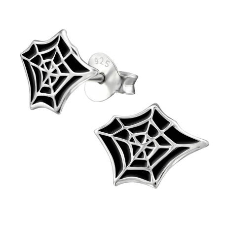 Sterling Silver Black Spiders Web Stud Earrings  - Ag Sterling