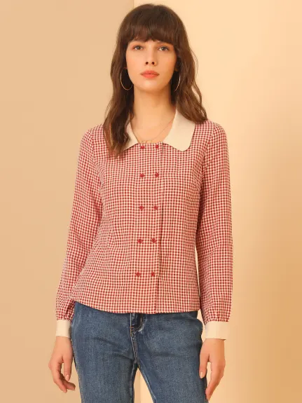Allegra K - Chemise boutonnée à carreaux vichy à col contrasté vintage