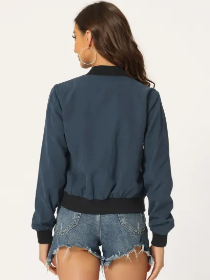 Allegra K- Stand Collar Zip up Flap Pocket Bomber Jacket