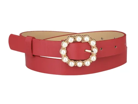Allegra K- Pearl Waistband Skinny Leather Pin Buckle Belt