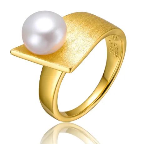 Genevive Sterling Silver 14k Yellow Gold Plated with Genuine Freshwater Pearl Linear Ring Size 7