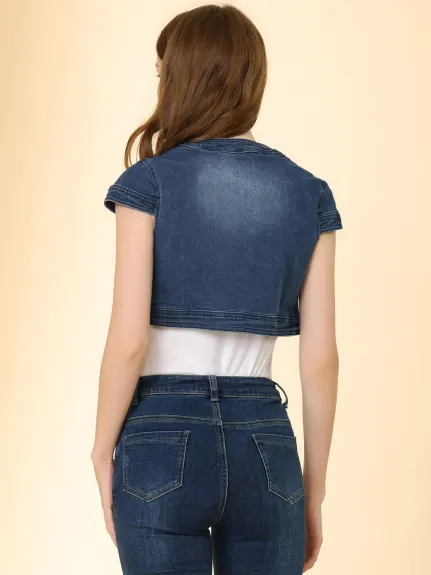 Allegra K- Crop Cardigan en jean coupe ajustée à manches courtes