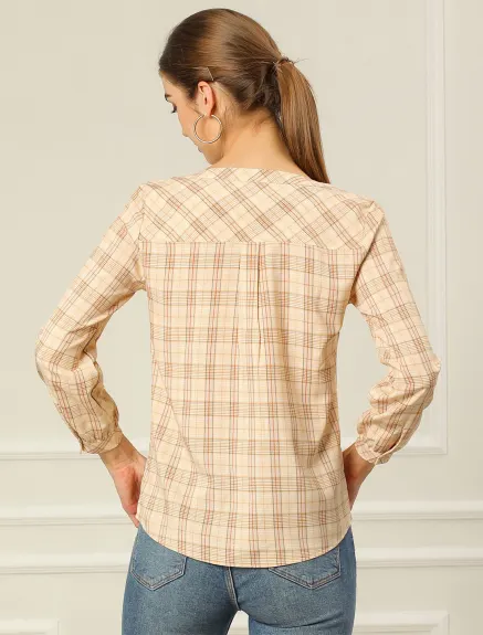 Allegra K- Plaid Shirt Button Up V Neck Long Sleeve Blouse
