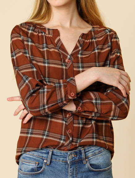 Allegra K- Plaid Shirt Button Up V Neck Long Sleeve Blouse