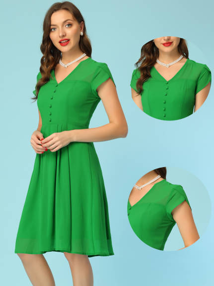 Allegra K- Chiffon Vintage V Neck A-Line Elegant Cap Sleeve Dresses