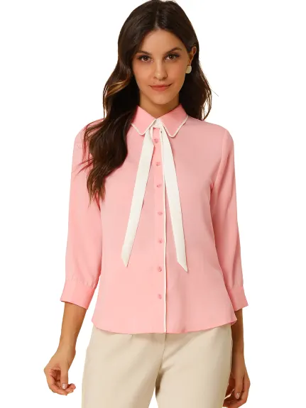 Allegra K- 3/4 Sleeve Contrast Color Tie Neck Shirt