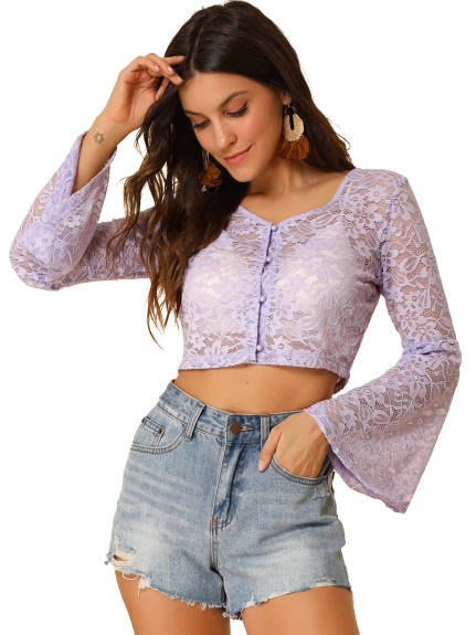 Allegra K- Lace See Through V Neck Bell Sleeve Crop Top