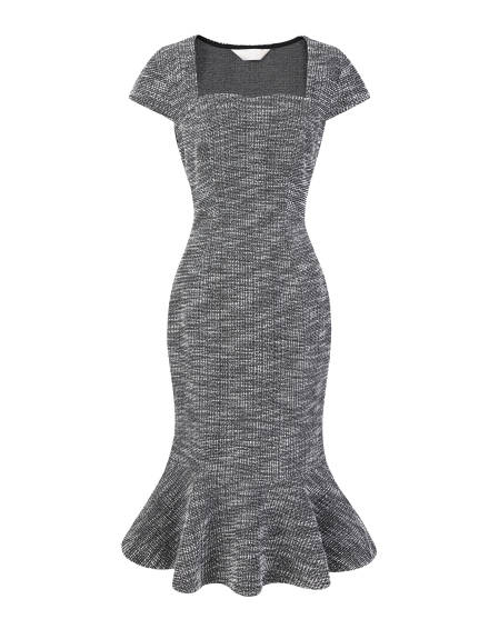 Hobemty- Tweed Square Neck Cap Sleeve Fishtail Dress