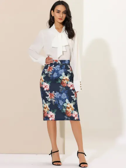 Allegra K- Back Slit Floral Knee Length Pencil Skirt