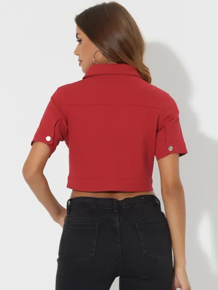 Allegra K- Short Sleeves Crop Jean Denim Jacket