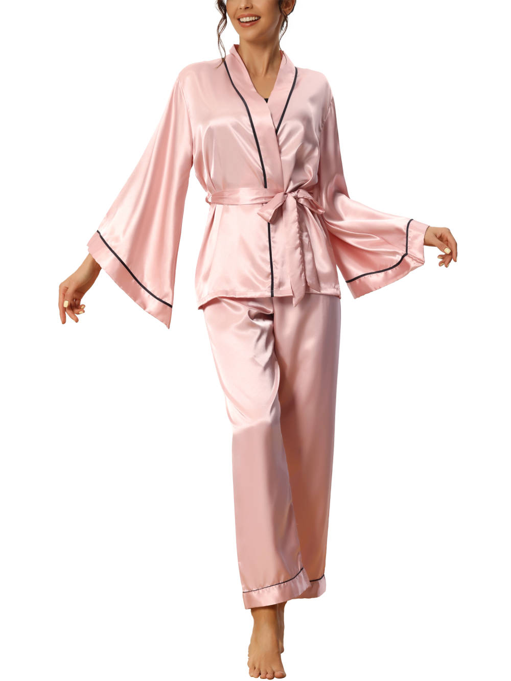 cheibear - Satin Kimono Robe Wedding Party Sleepwear Sets