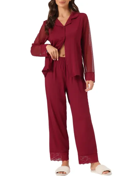 cheibear - Button Down Mesh Sleeve Pajama Set