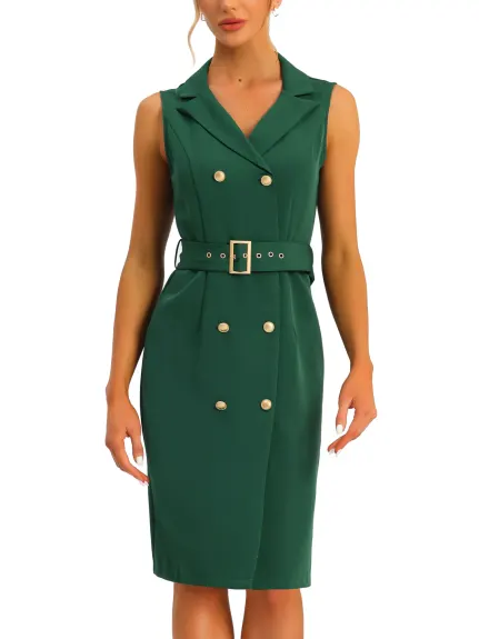 Allegra K- Sleeveless Notched Lapel Double Breasted Belted Blazer Dress