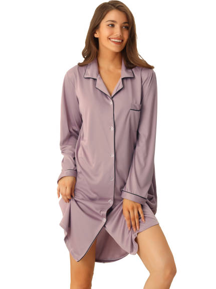 cheibear - Satin Button Down Long Sleeve Shirt Nightgown