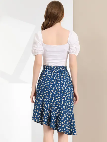 Allegra K- Asymmetrical Ruffle Floral Midi Skirt