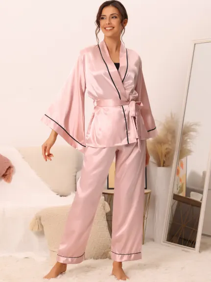 cheibear - Satin Kimono Robe Wedding Party Sleepwear Set