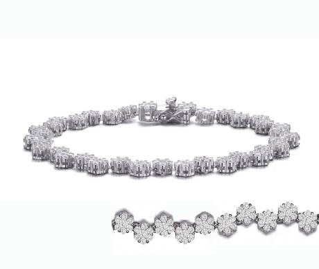 Genevive Sterling Silver White Gold Plated with Clear Round Cubic Zirconia Cluster Flower Link Bracelet