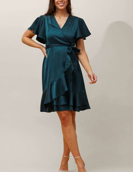 Annick - Livia Dress Sheen Cross-Over Angle Flutter Sleeves